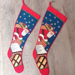 VTG needlepoint SANTA Stocking set velvet stockings